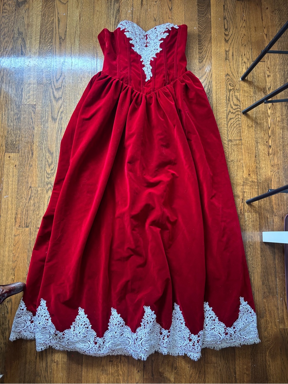 Red Velvet & White Lace Corset Victorian-Style Dress w/ Lace Bolero